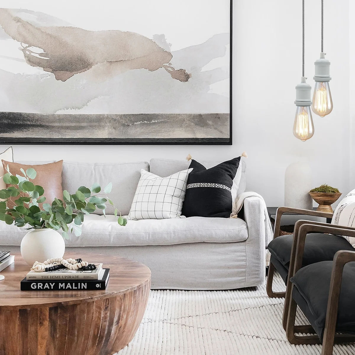 White vintage pendant light with black and white braided cord, 2m drop, round E27 holder