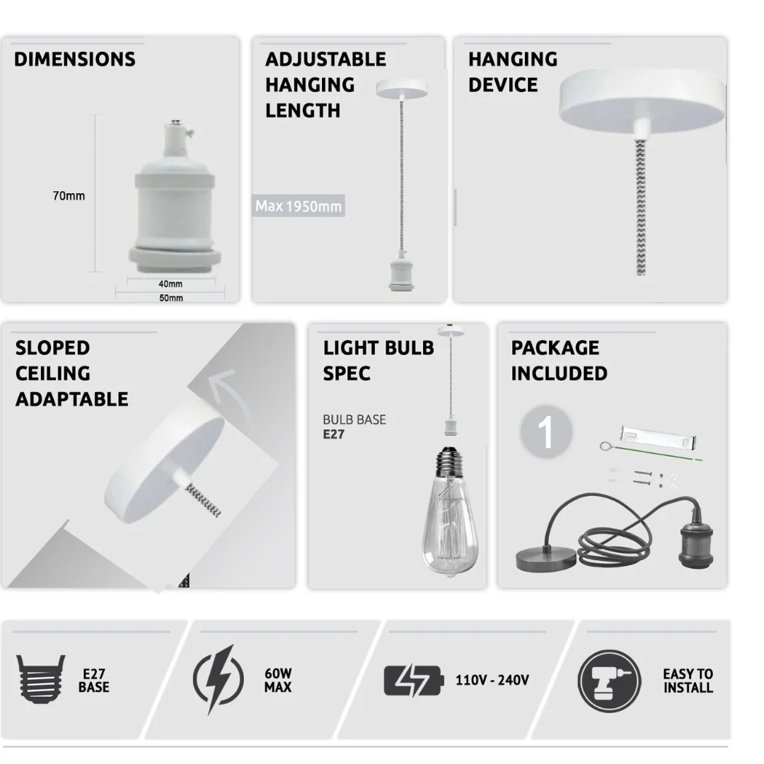 Vintage white metal pendant with black & white braided cord, 2m cable, featuring an E27 lamp holder.