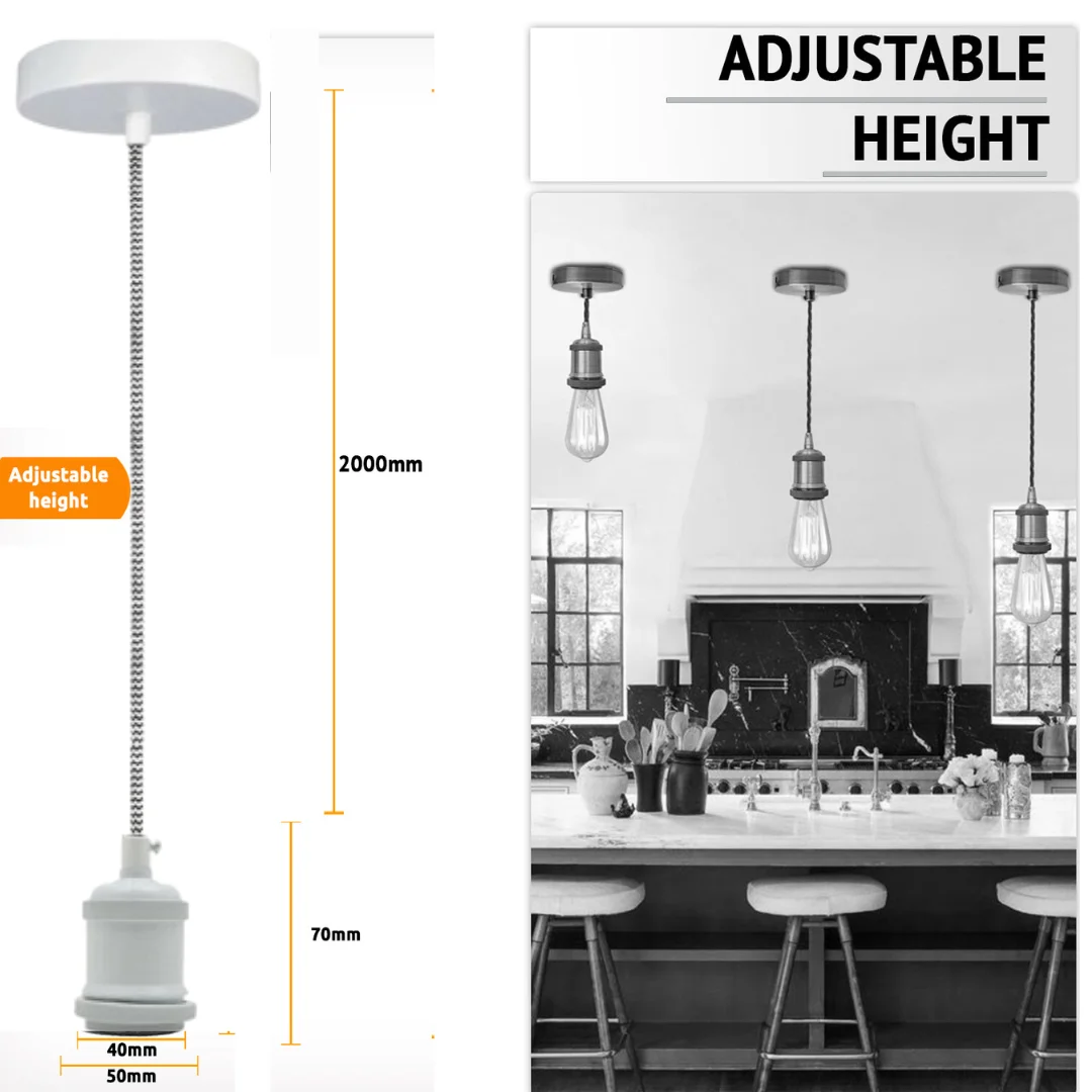 Vintage white metal pendant lamp with round braided black and white flex cable hanging from 10cm white ceiling plate.