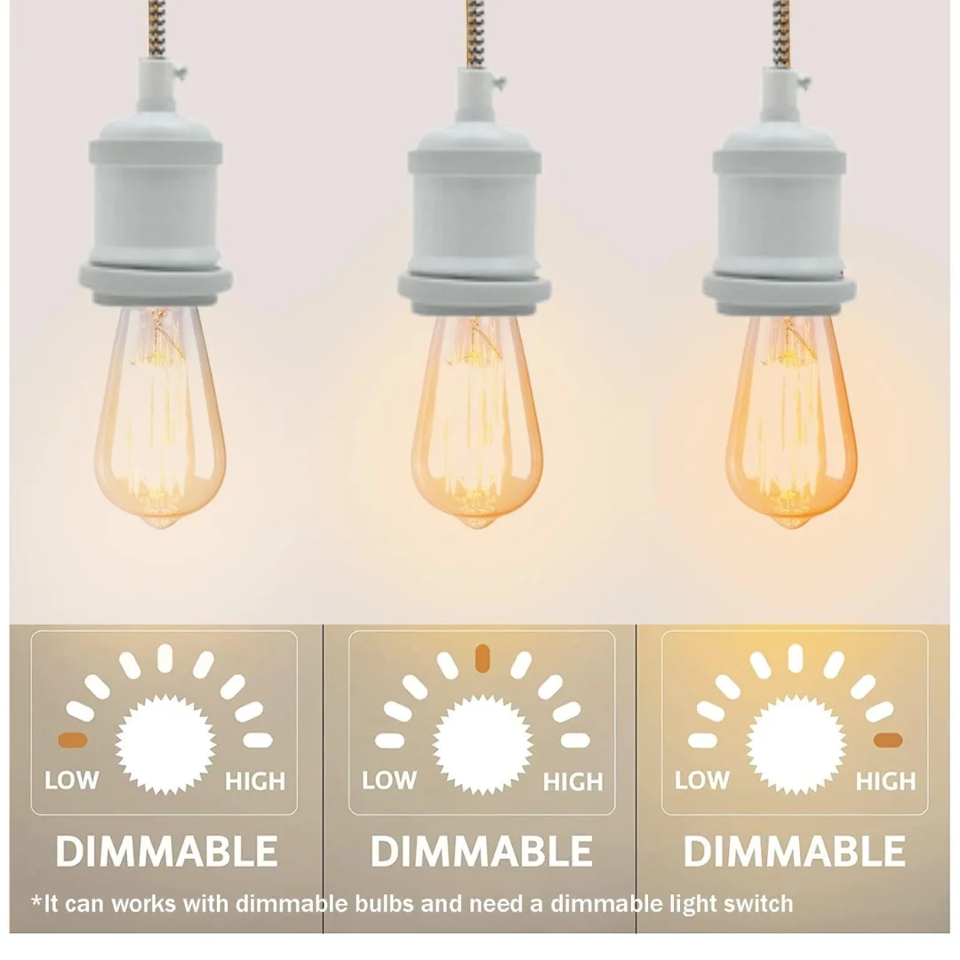 Vintage white metal pendant light with black and white braided cord, 2m length, round white holder, dimmable ceiling light.