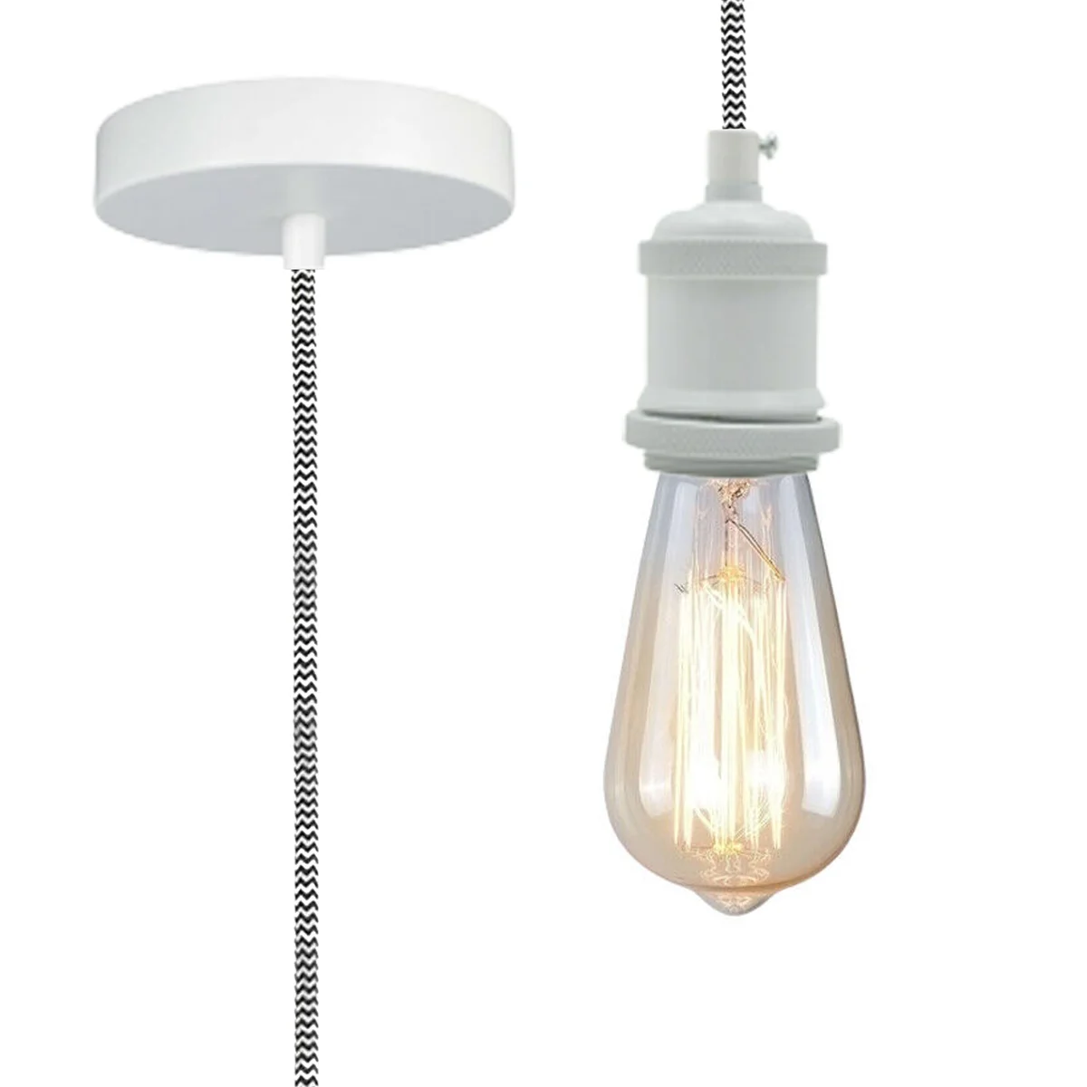 Vintage pendant light with white metal body, black‑and‑white braided cord, 2m cable, E27 holder, round style