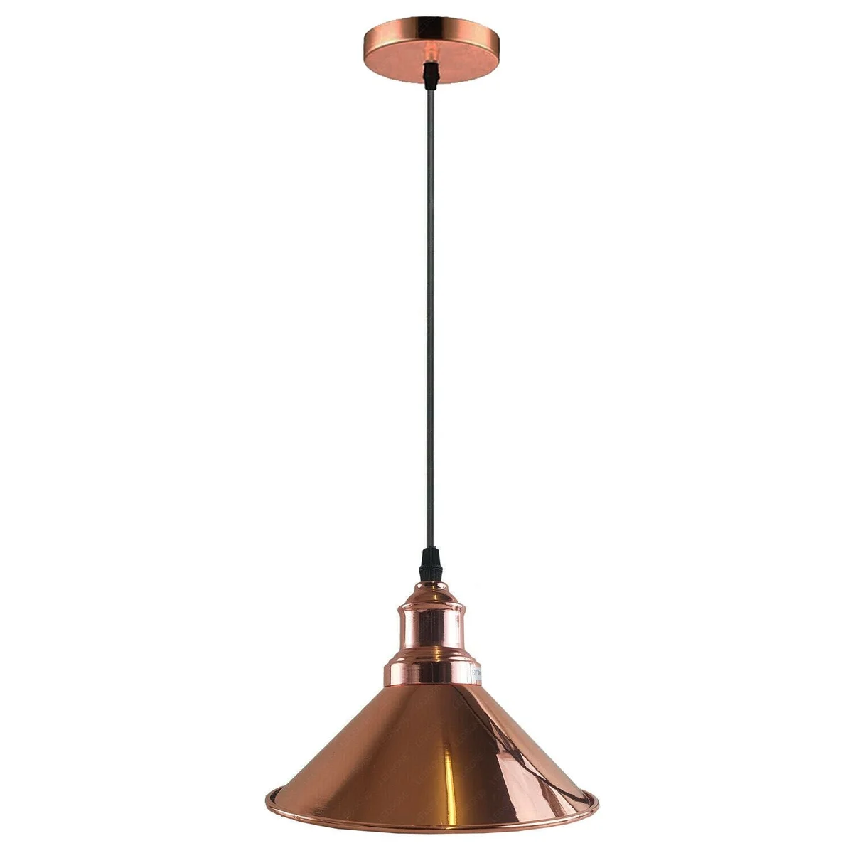 Rose gold industrial pendant lamp with metal cone shade and E27 holder, 22cm, 10cm base, dimmable, indoor