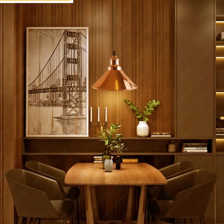 Rose gold metal cone pendant light with E27 holder, a vintage ceiling light for indoor use.