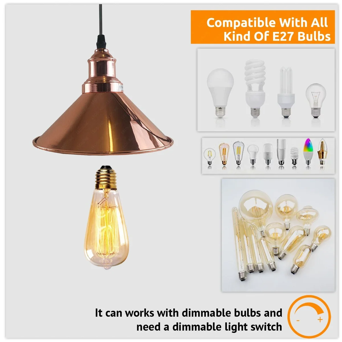 E27 bulb pendant with rose gold metal cone shade hanging from ceiling.