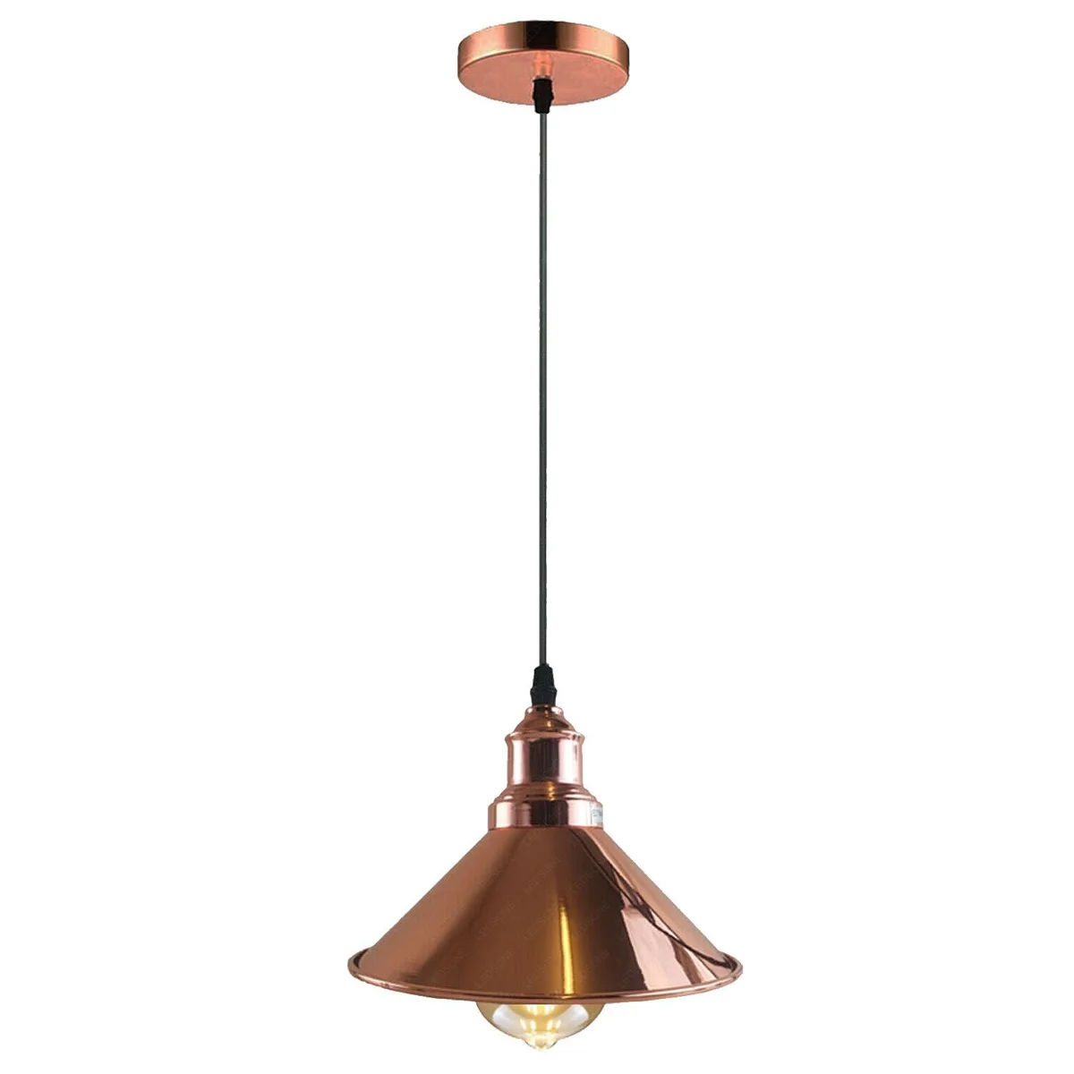 Rose gold pendant light with a metal cone shade hanging from a 95 cm cable, featuring an E27 holder and white interior.