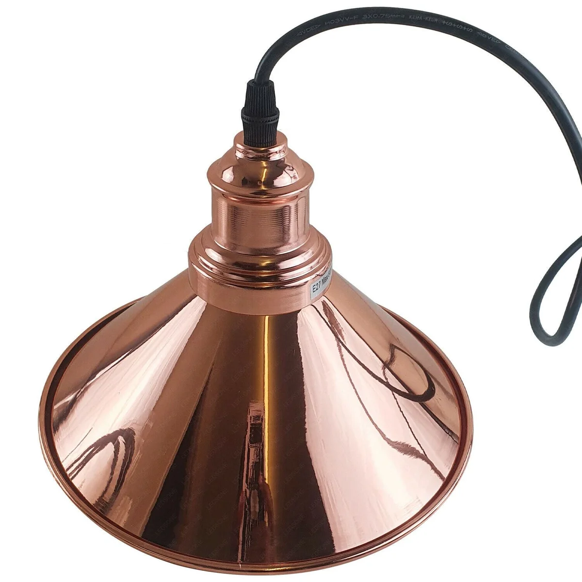 Rose gold industrial pendant light with cone lampshade, white interior, E27 holder, 22cm shade, 95cm cable