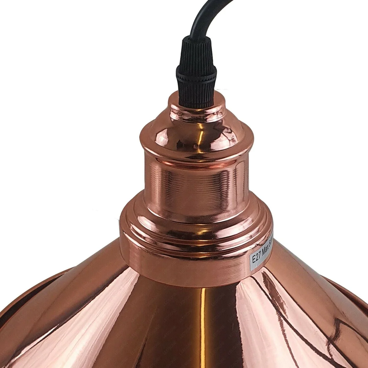 Rose gold pendant light with a metal cone shade, smooth rose gold finish and a white interior.