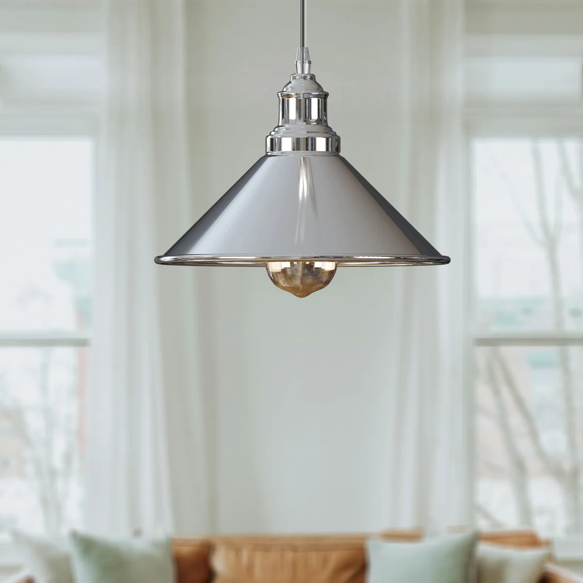 vintage pendant lamp with chrome metal shade, white inner layer, hanging on 95cm PVC cable