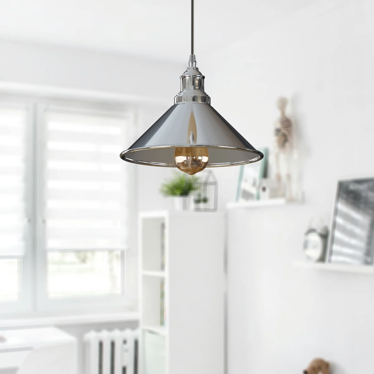 Industrial pendant lighting with metal and PVC shade, white interior, chrome base, 22cm shade, 10cm ceiling plate, 95cm cable.