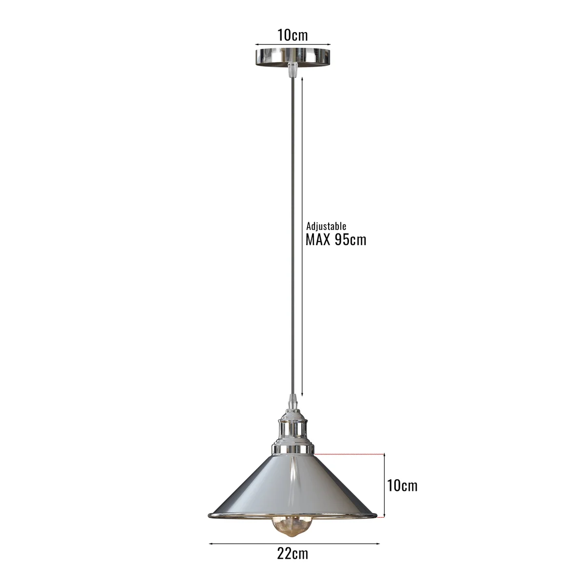 Chrome vintage pendant lamp, 22cm smooth metal shade with white interior, on 95cm PVC cable – a dimmable ceiling light.