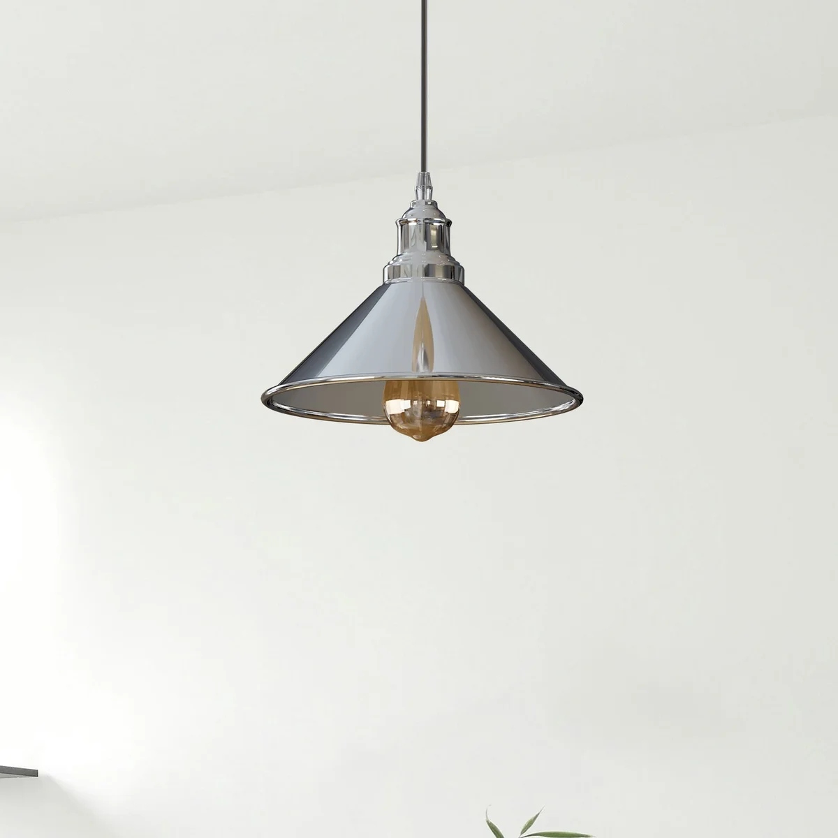 Chrome industrial pendant light with 22cm metal shade, white inner layer, fits E27 bulb, suitable for indoor use.