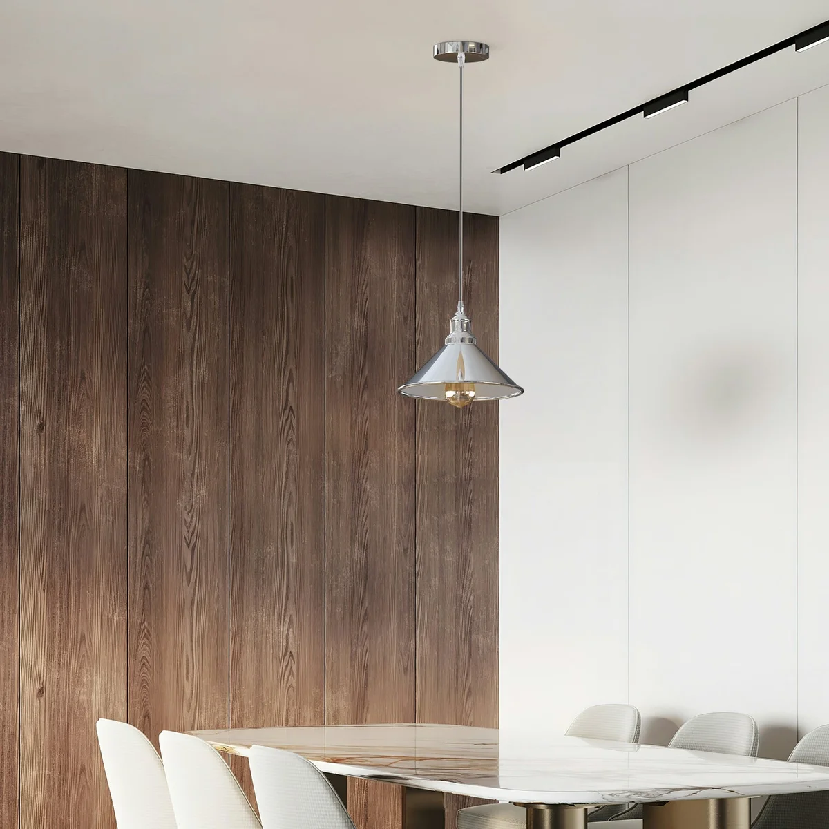 Indoor pendant light fixture with chrome metal cone shade, white interior, 22 cm diameter