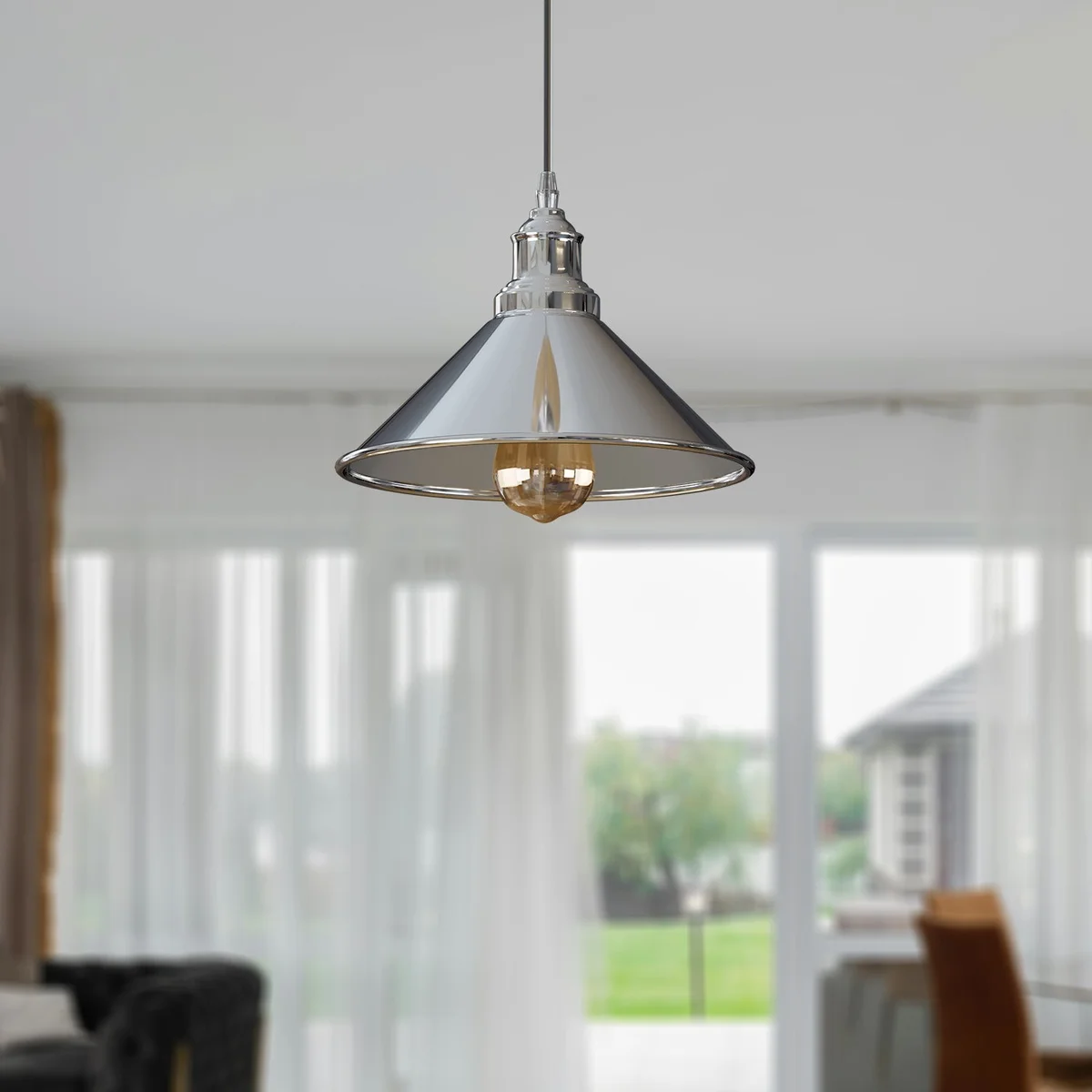 Vintage pendant lamp with chrome metal shade, white interior, PVC cable, 22cm diameter industrial style.