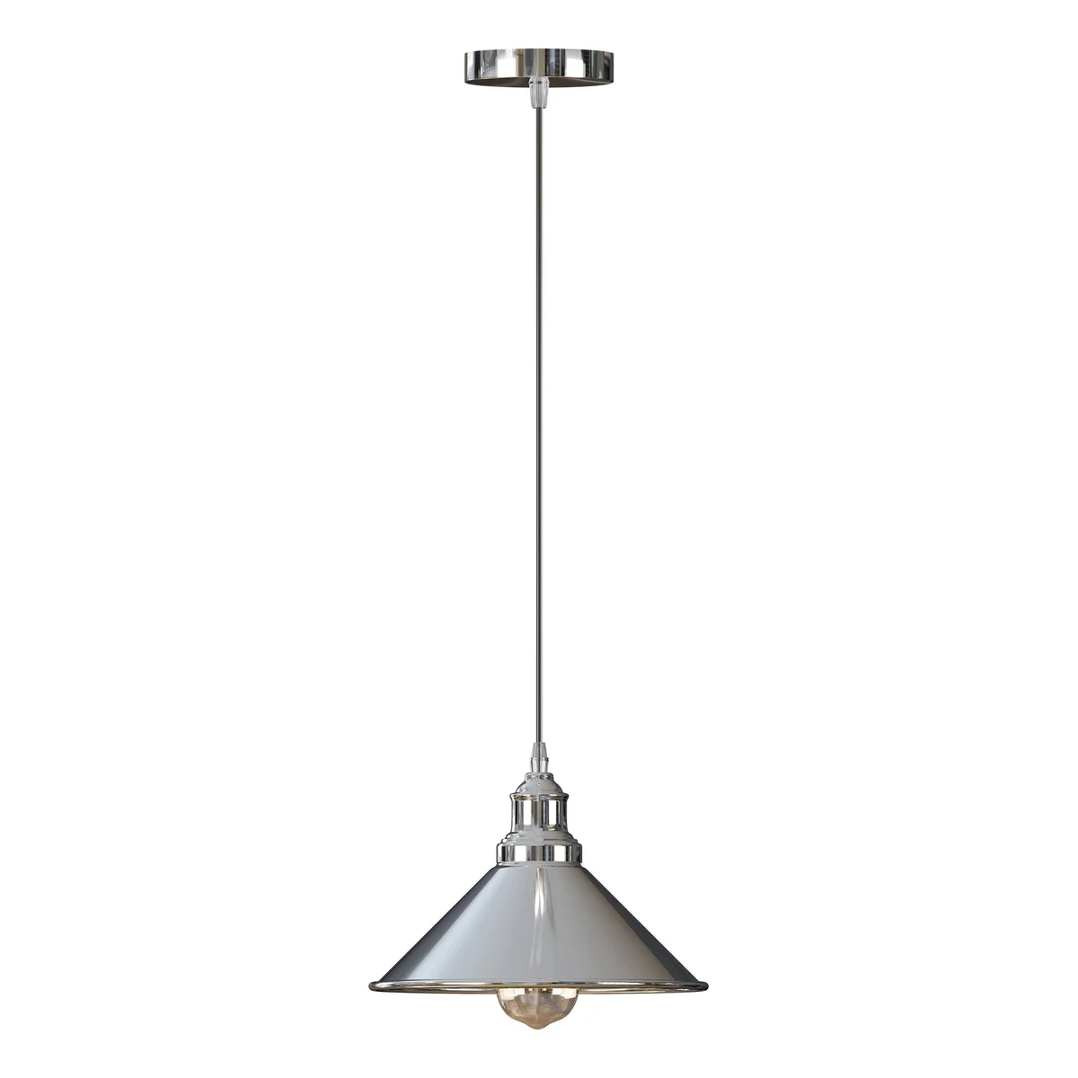 Chrome vintage pendant lamp with metal and PVC shade, 22cm diameter, 10cm chrome ceiling plate, suited for indoor installation.