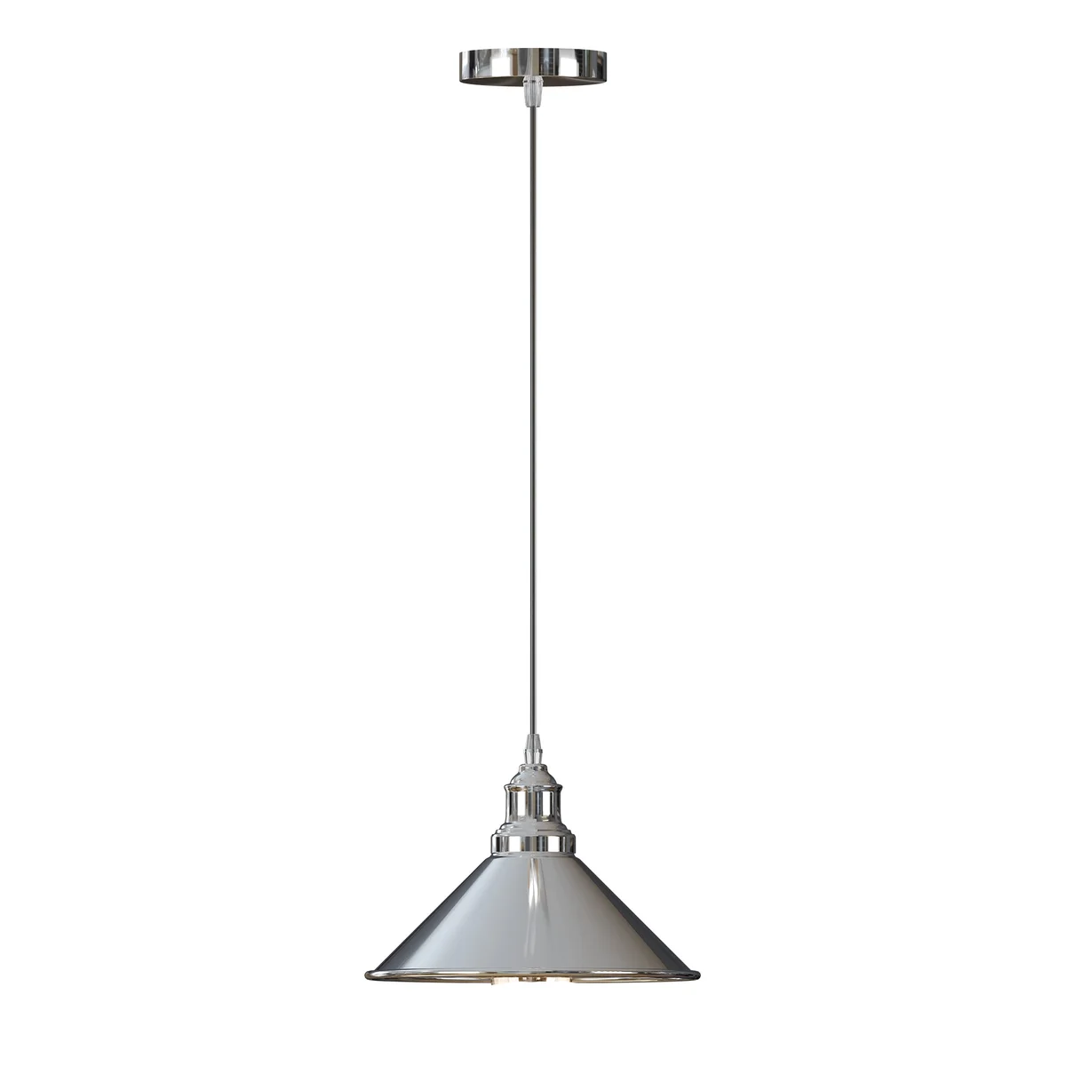 Chrome vintage pendant lamp with 22cm metal shade, 10cm base, white inner lining, indoor fixture.