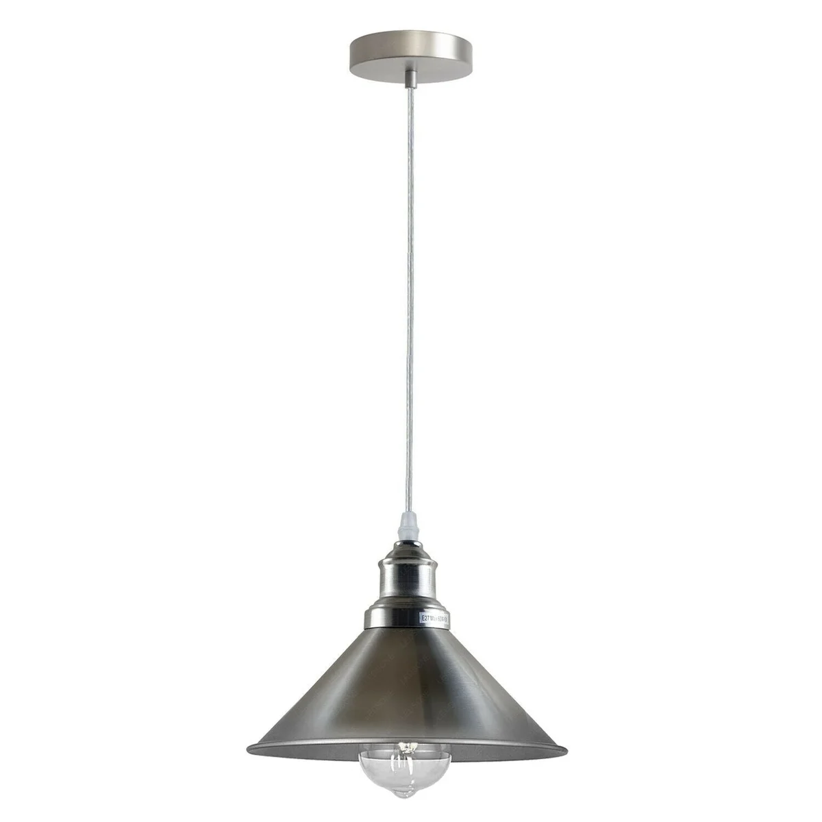 Vintage ceiling pendant light with satin nickel metal cone shade, white interior, 22cm diameter, 10cm base, E27 holder