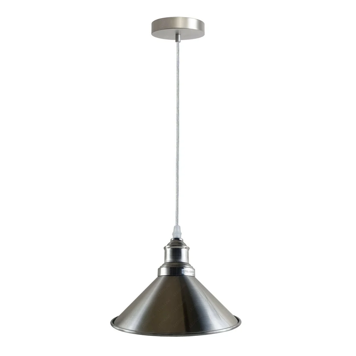 Metal pendant lighting with satin nickel cone shade, white interior, 22 cm diameter, single E27 holder, 95 cm PVC cable.