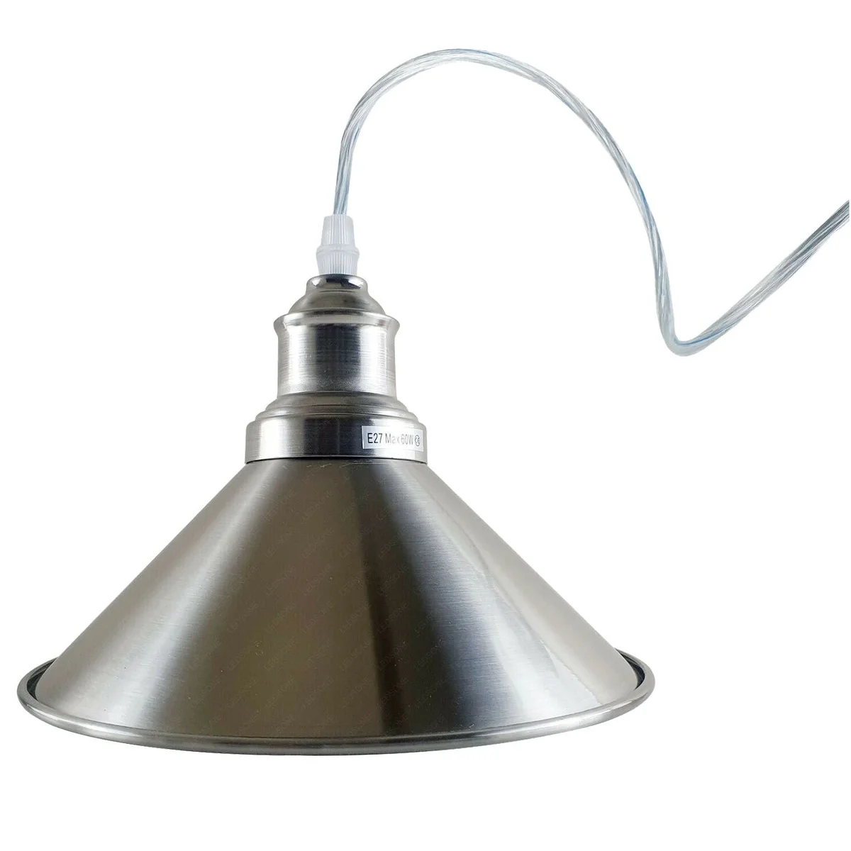 Vintage-style pendant lamp with a 22 cm satin nickel cone lampshade, white inner layer, metal frame, and 95 cm PVC cable.