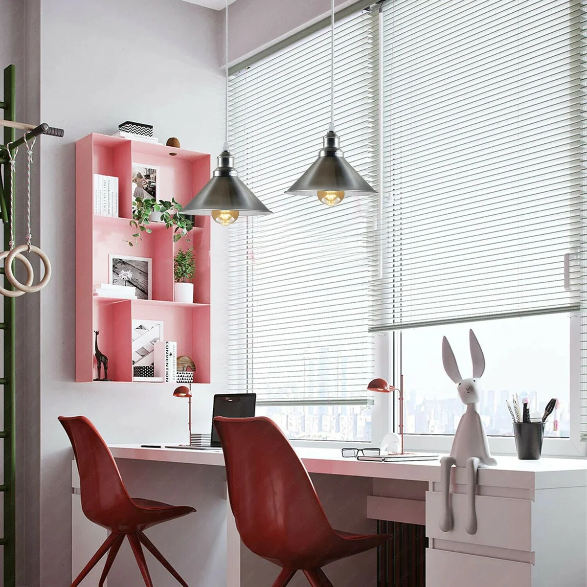 Satin nickel metal cone pendant with white inner shade, E27 ceiling light, 95cm PVC cable.