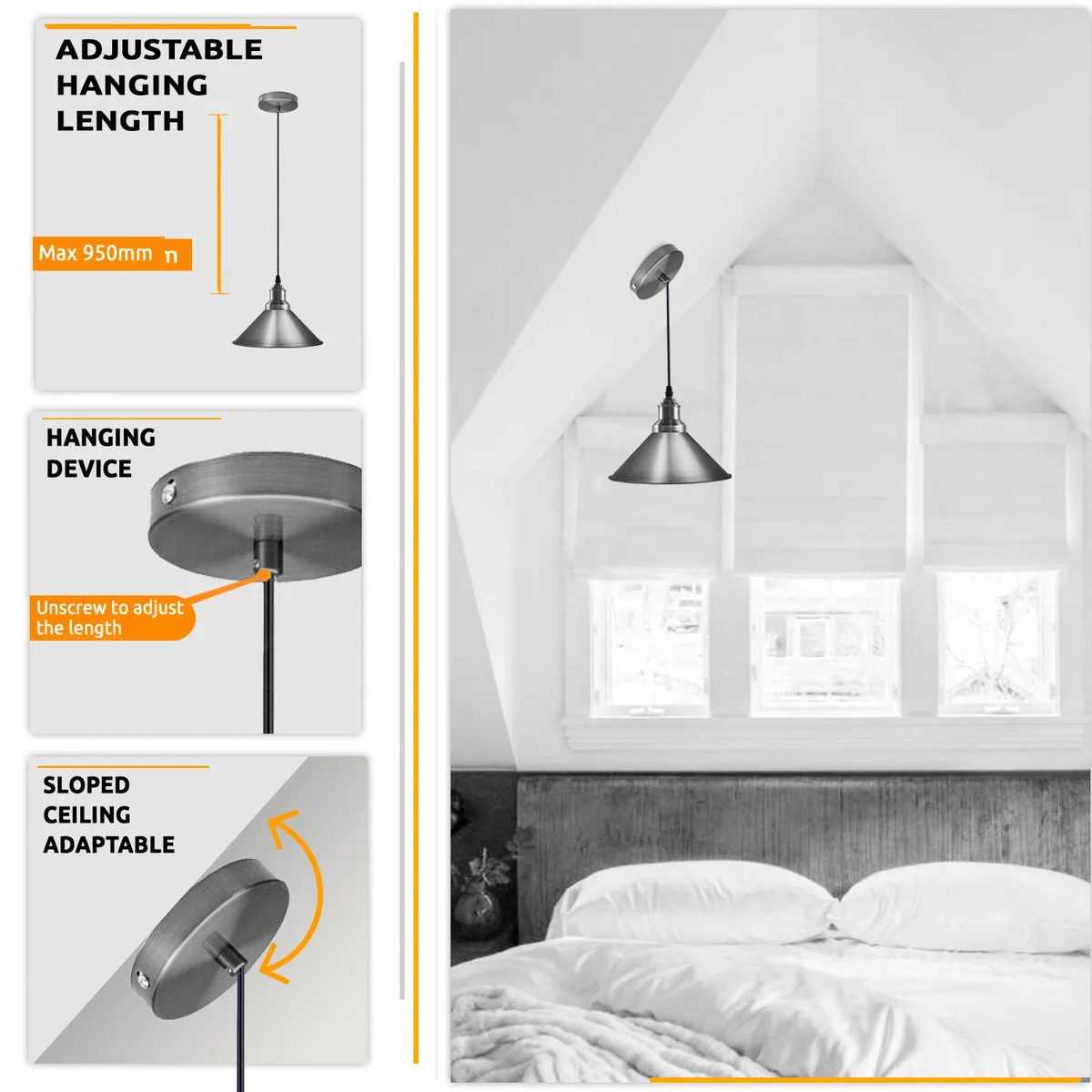 Vintage ceiling pendant light with 22cm satin nickel metal shade and white interior, featuring a 10cm ceiling plate.