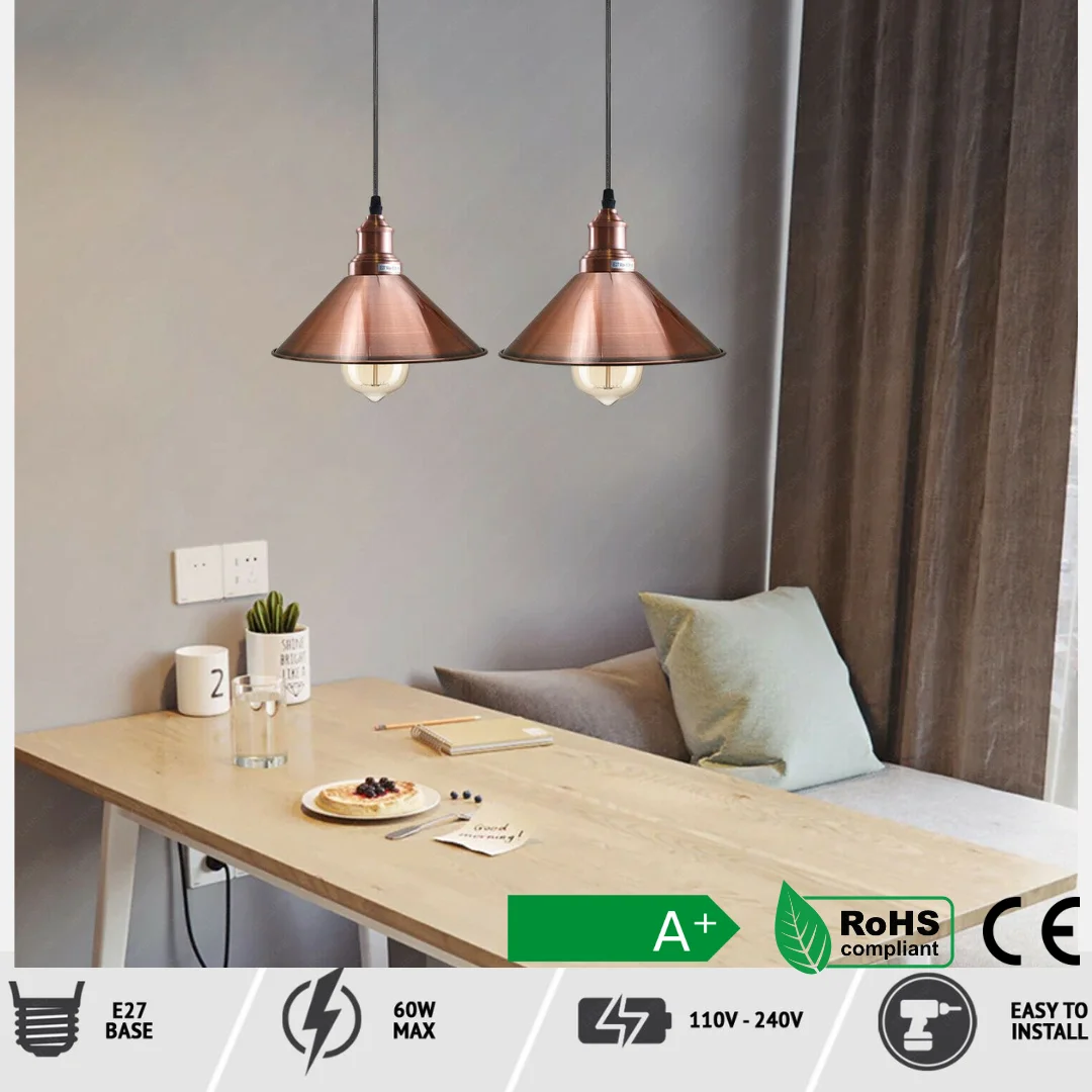 Vintage style pendant copper cone lamp with smooth copper shade and white inner layer, hanging from a 95cm cable