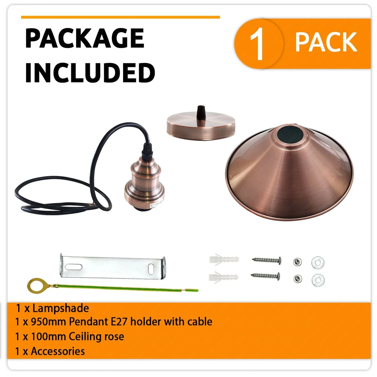 Vintage copper metal pendant lamp with conical shade, white inner layer, 22cm diameter, 10cm ceiling plate, 95cm PVC cable.