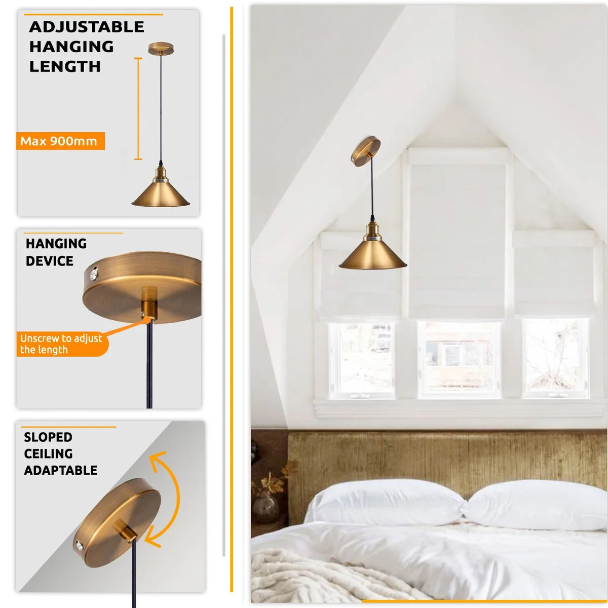 Yellow brass cone pendant lamp suspended from ceiling, classic vintage indoor ceiling lighting