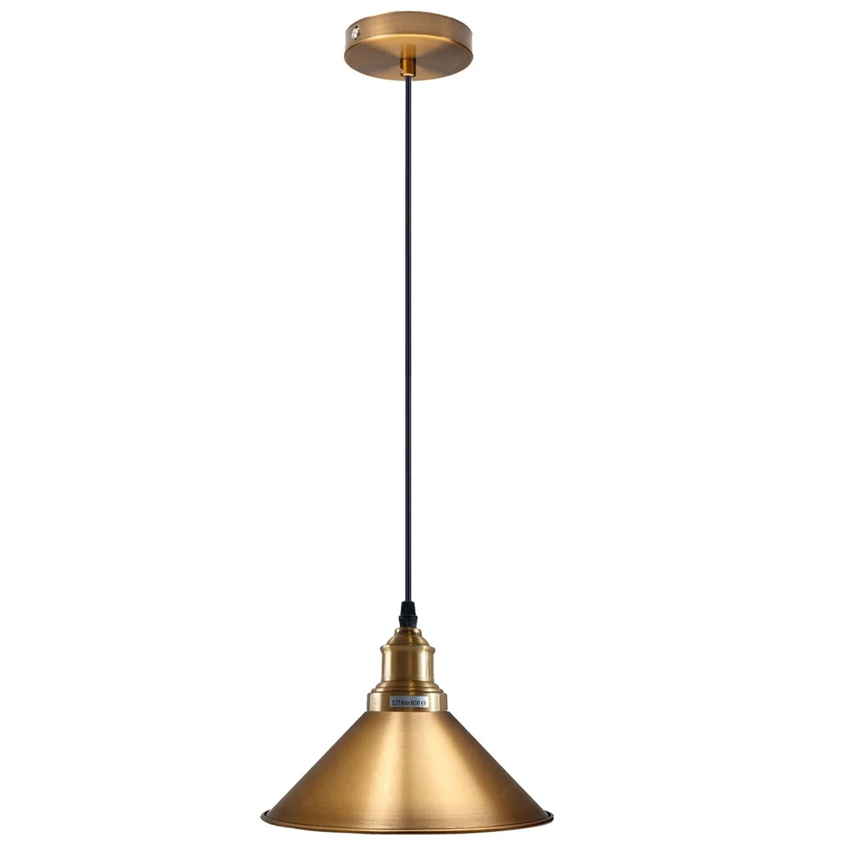 Vintage pendant ceiling light with yellow brass metal cone shade, 22 cm diameter, 10 cm base, clear cable, indoor socket