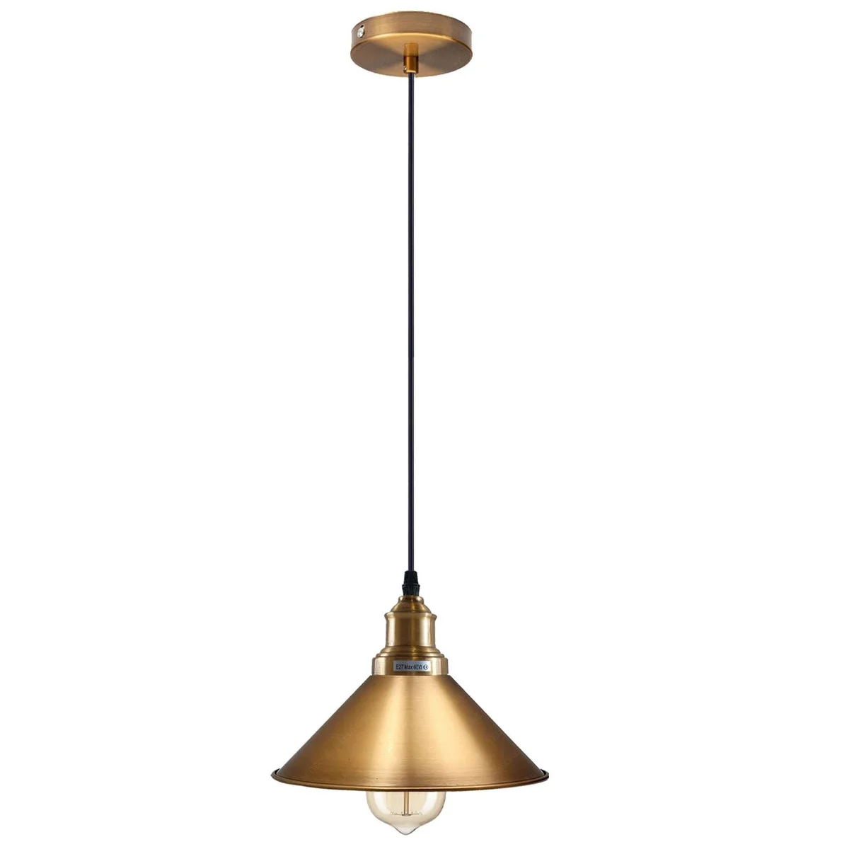 Vintage pendant ceiling light with yellow brass metal cone shade, 22cm diameter, white inner PVC, 10cm base.