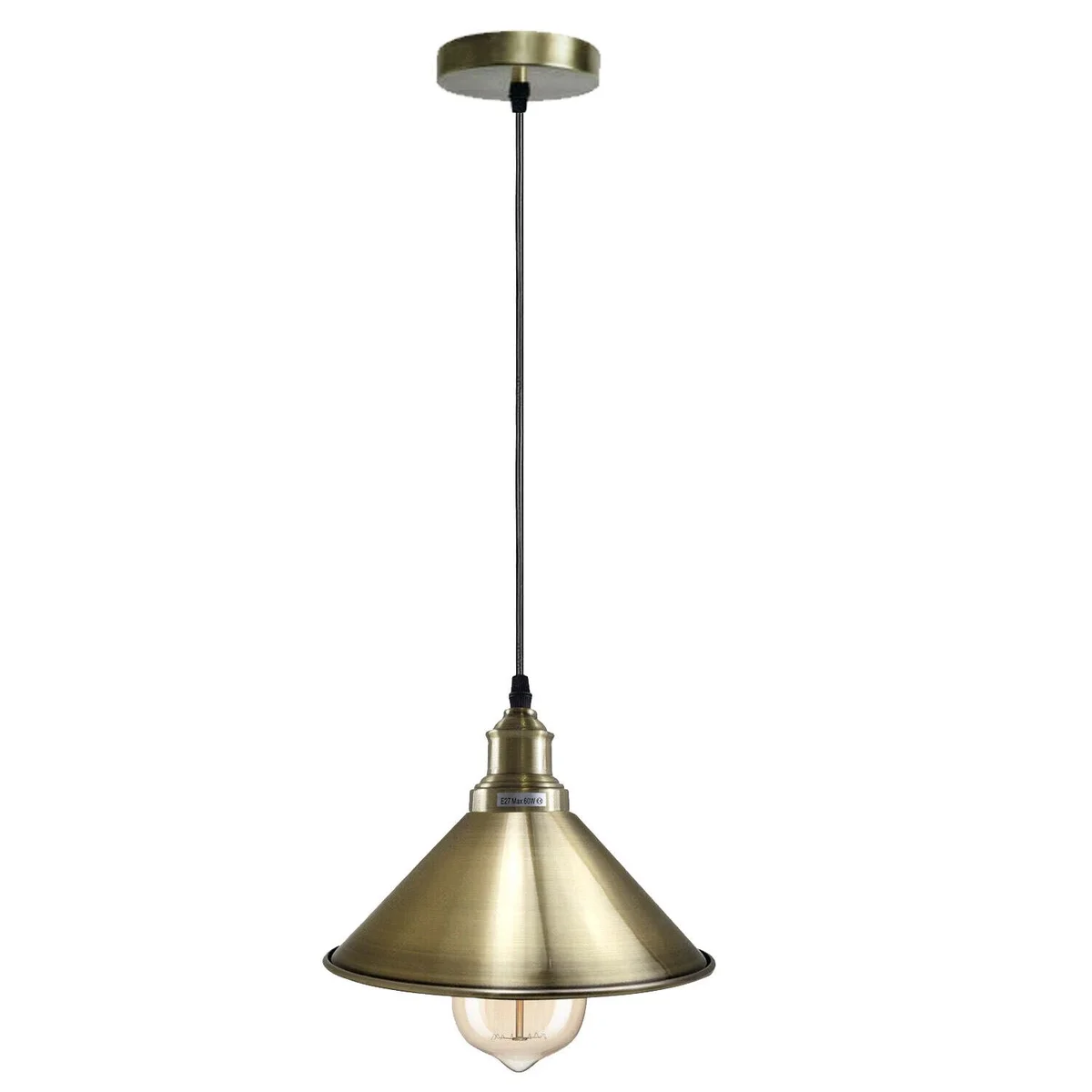 Vintage pendant ceiling light with green brass metal cone shade and white inner layer, mounted on a 10cm ceiling plate.