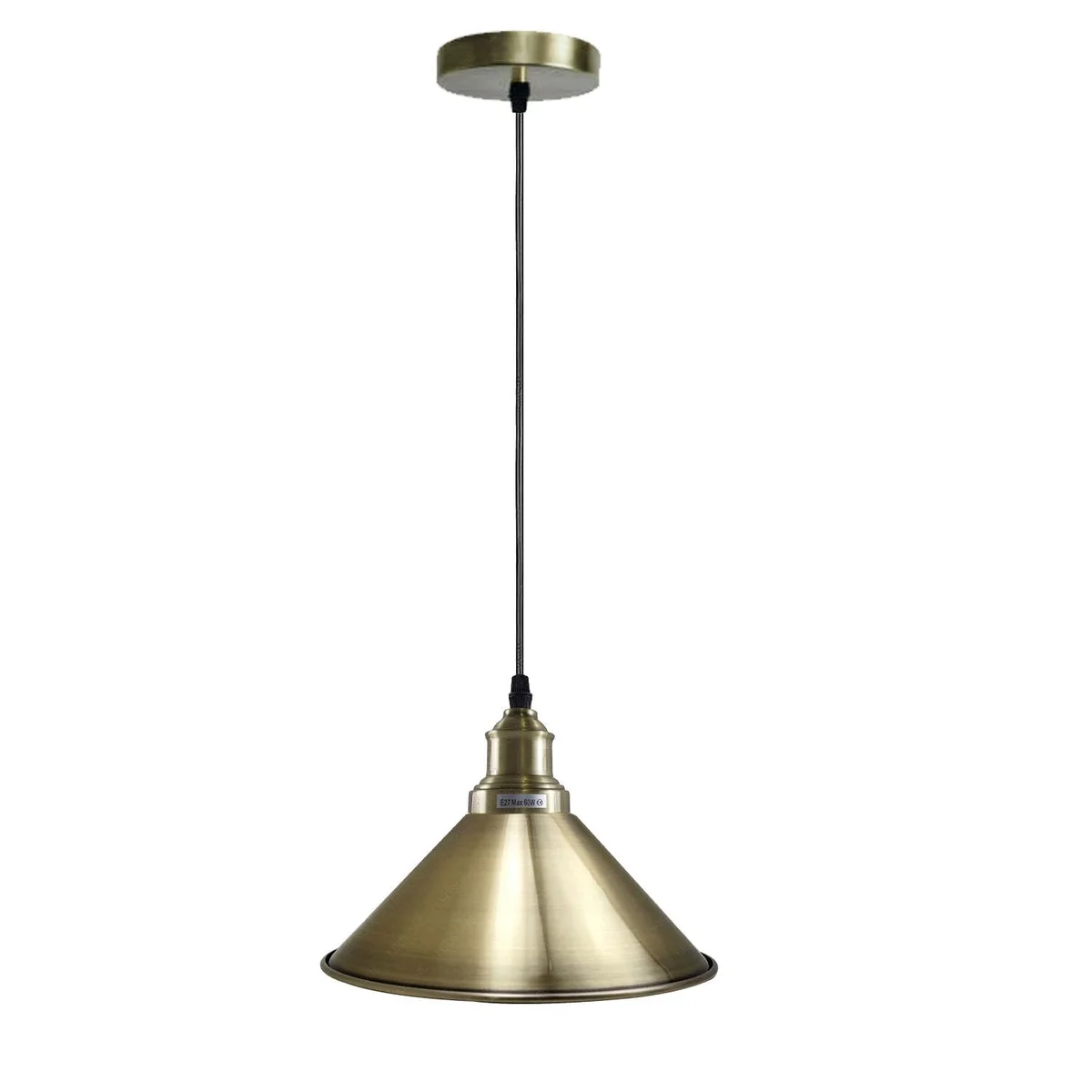 Metal pendant light with 22cm green brass cone shade, white inside, 10cm ceiling plate, hanging on 95cm PVC cable.