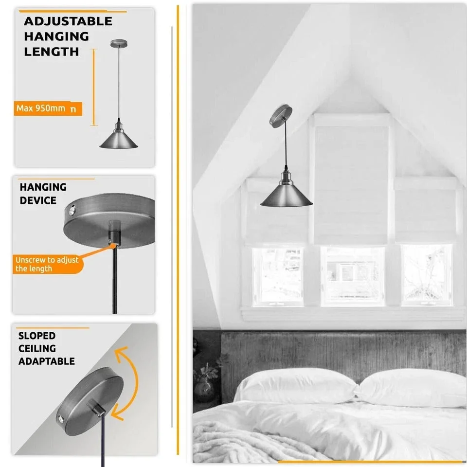 Green brass metal cone pendant lamp with white inner shade, 22 cm diameter cone, 10 cm mounting plate, E27 pendant lamp socket