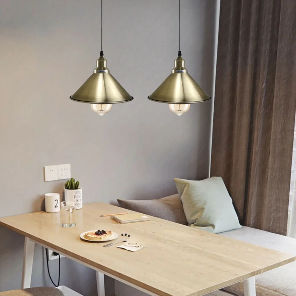 Green brass metal cone vintage pendant ceiling light with white interior shade, hanging on 95cm PVC cable