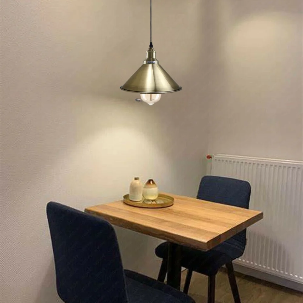 Vintage pendant ceiling light with green brass metal cone shade, 22cm diameter, E27 holder, 95cm PVC cable hanging from ceiling.