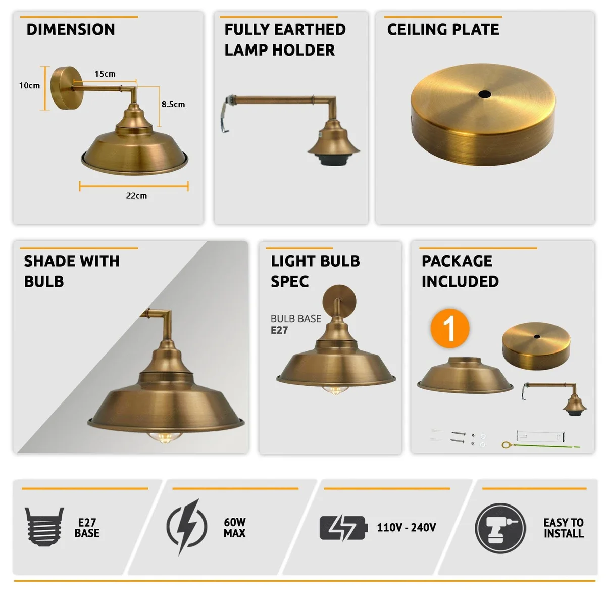 Yellow brass lamp with 22cm metal shade and arm, wall‑mounted vintage style, indoor industrial lighting.