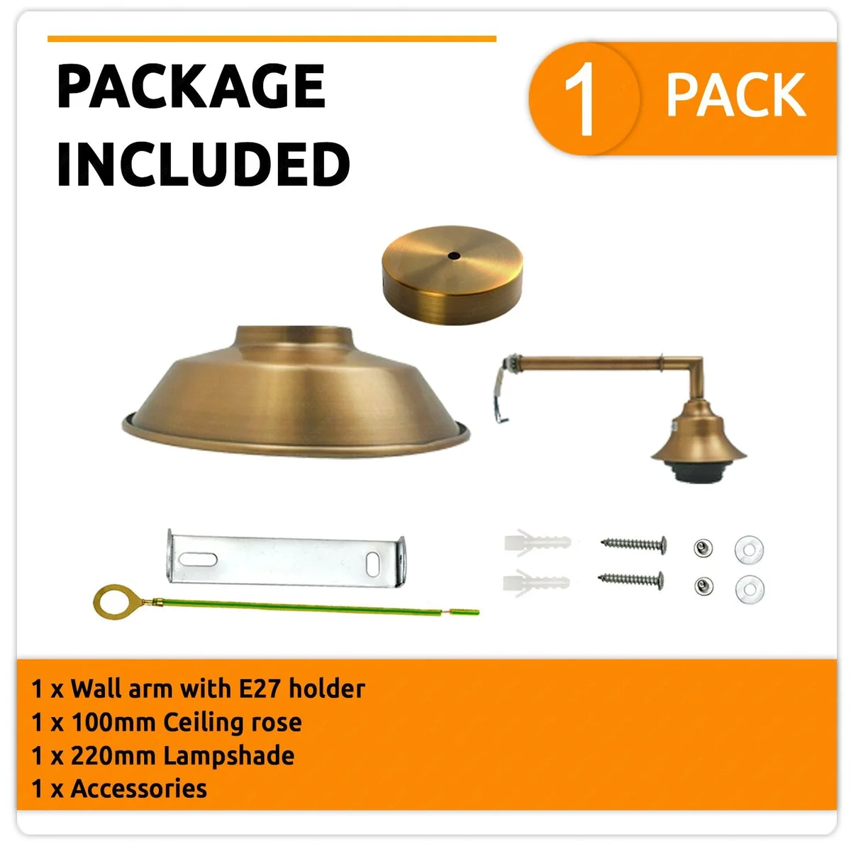 Yellow brass vintage wall lamp with metal base and screen, featuring E27 holder – stylish indoor wall lighting.