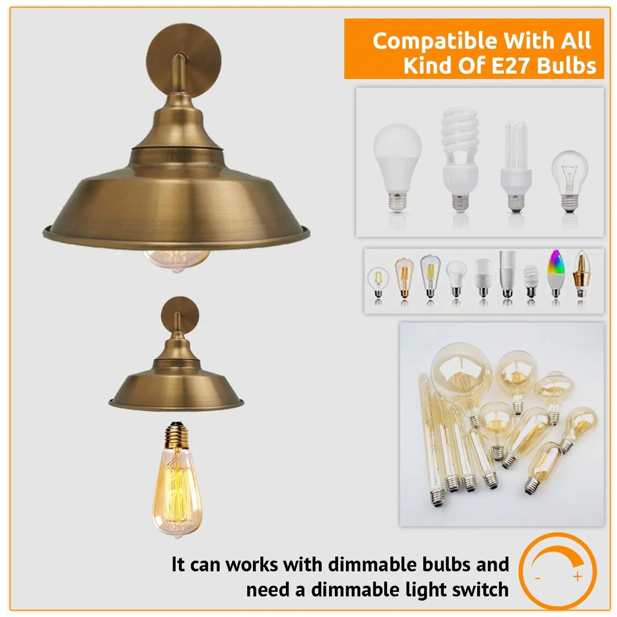 Yellow brass vintage wall lamp with metal screen, 22 cm shade, dimmable wall lamp for indoor use