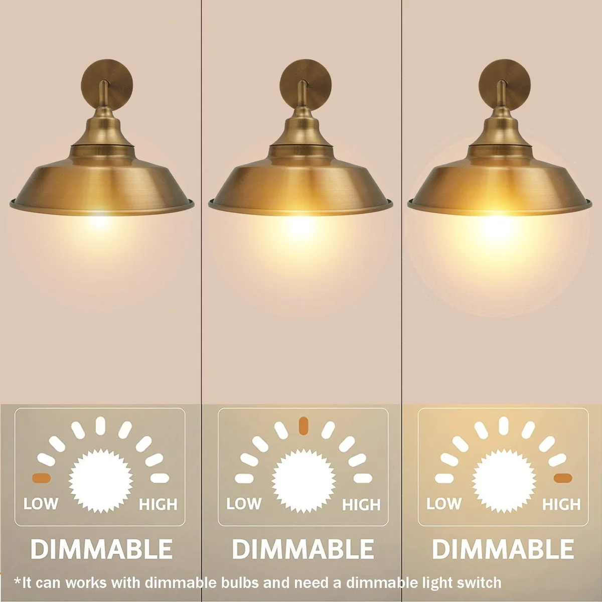 Yellow brass vintage wall lamp with metal shade and base, simple elegant design, suitable for indoor use