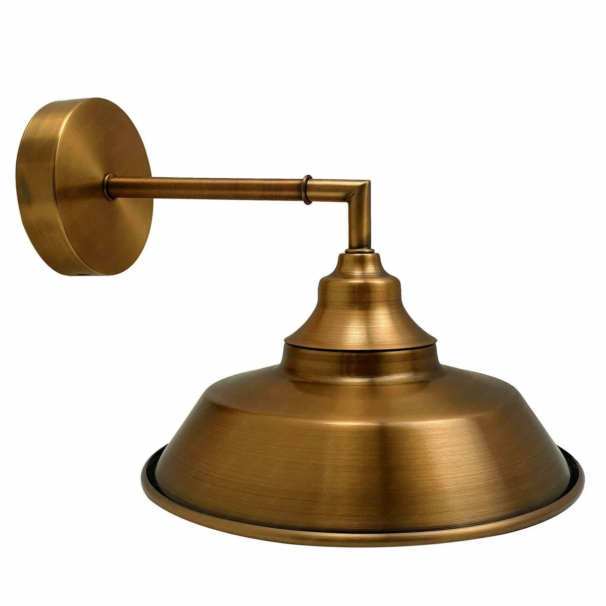 Metal vintage wall lamp with yellow brass finish, round 22cm shade and decorative metal base, wall mounted