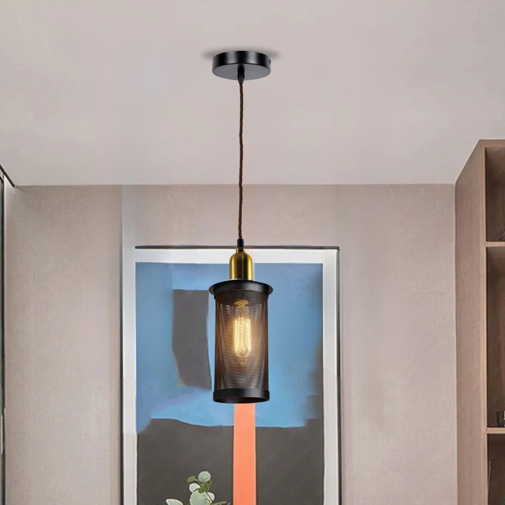 Gold drum wire cage vintage pendant light hanging from ceiling with 95cm cable.