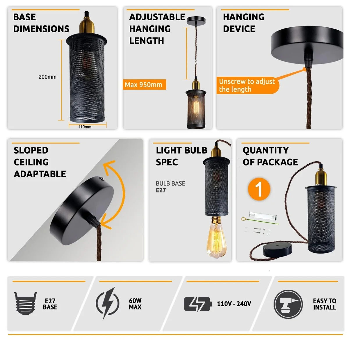 Vintage retro pendant light with metal wire cage, gold light holder lamp, 95cm cable and light shade hanging from ceiling.