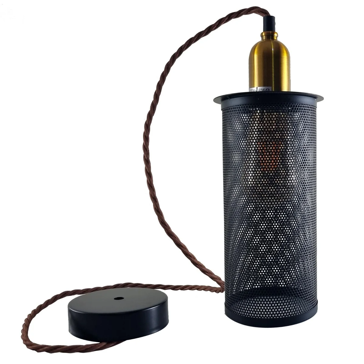 Hanging gold wire cage pendant light with a dimmable E27 holder, vintage retro style.