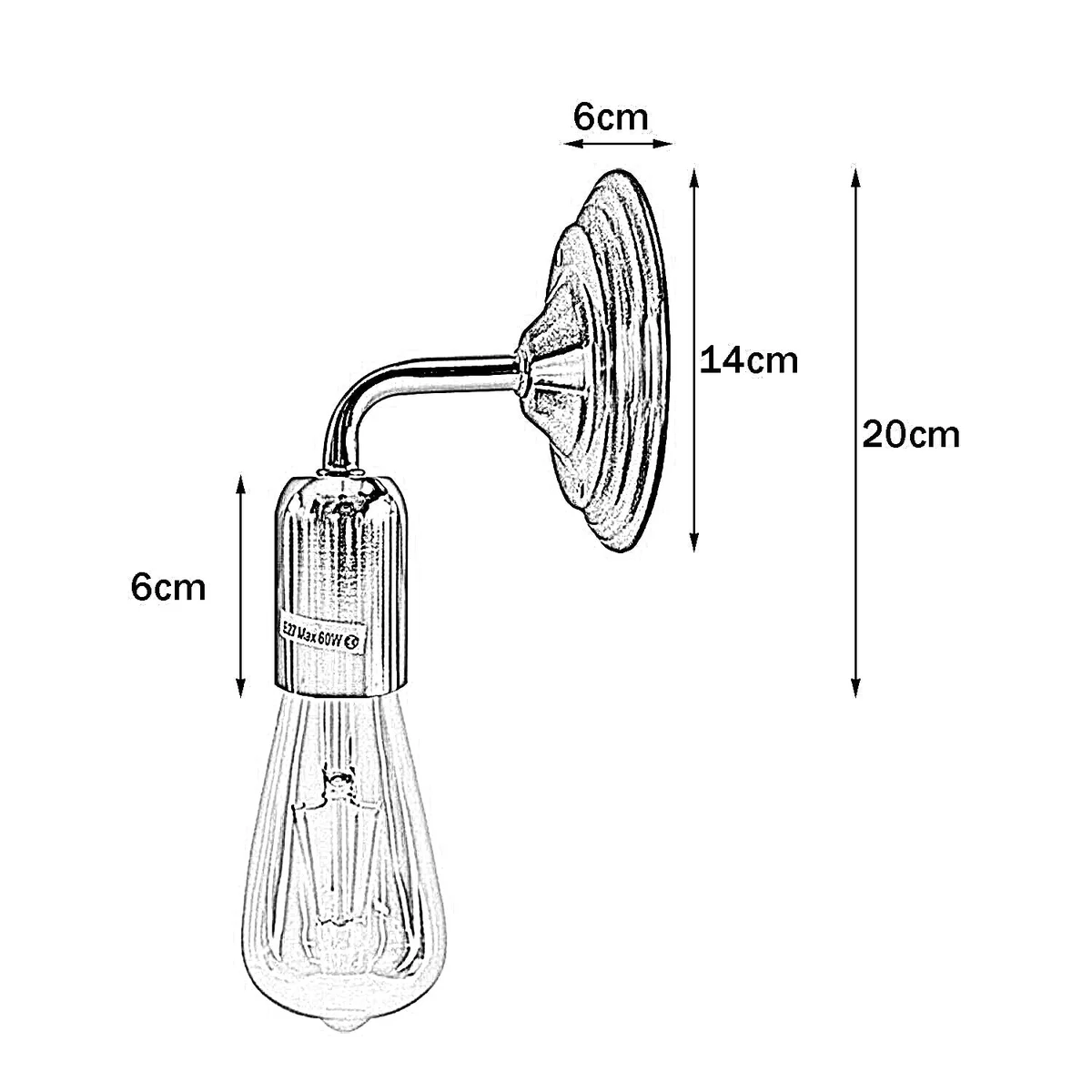 Chrome metal retro polished wall light featuring a sleek holder arm, ready for wall mounting.