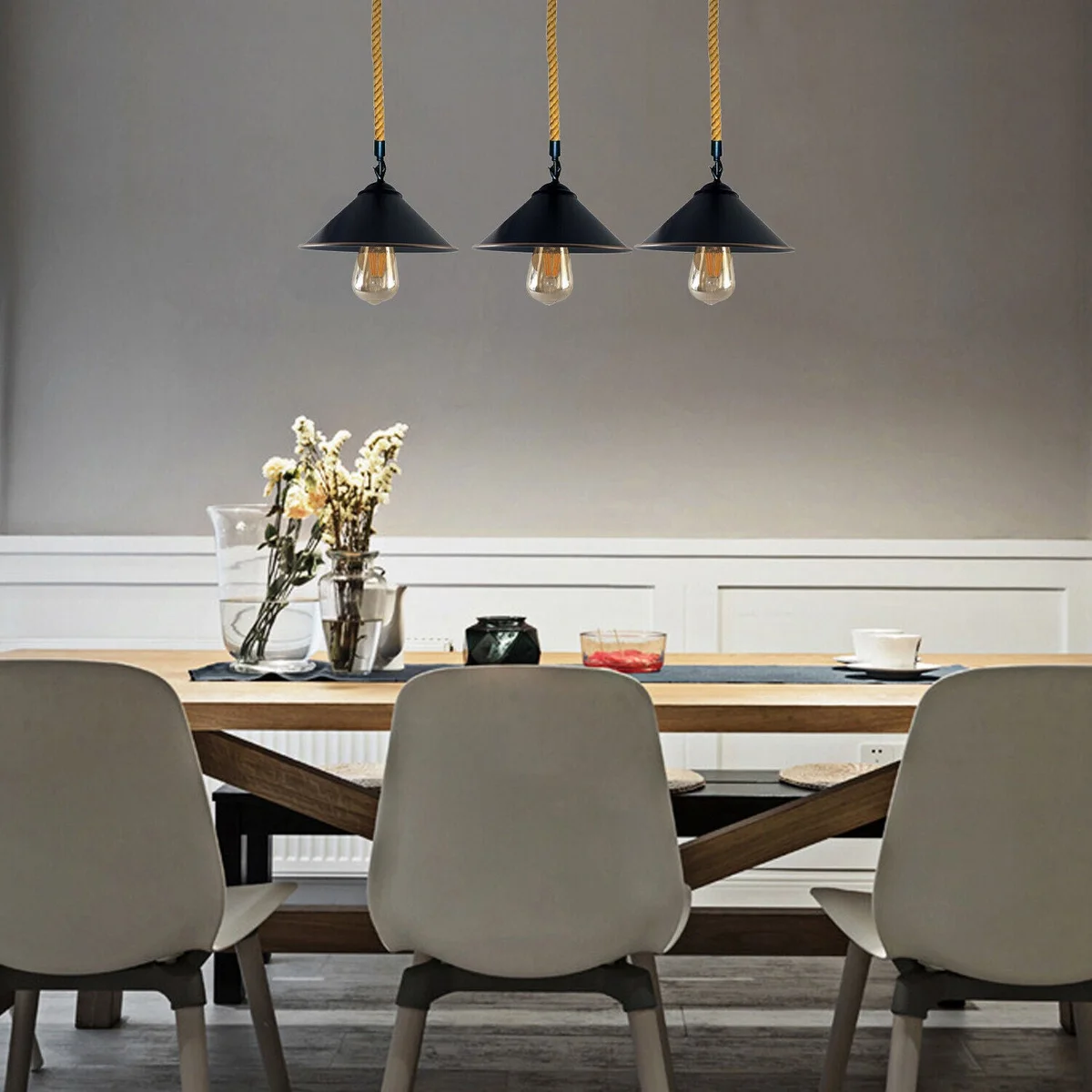 Three‑head vintage industrial pendant light with cone hemp rope shade, black metal base, suitable for indoor décor