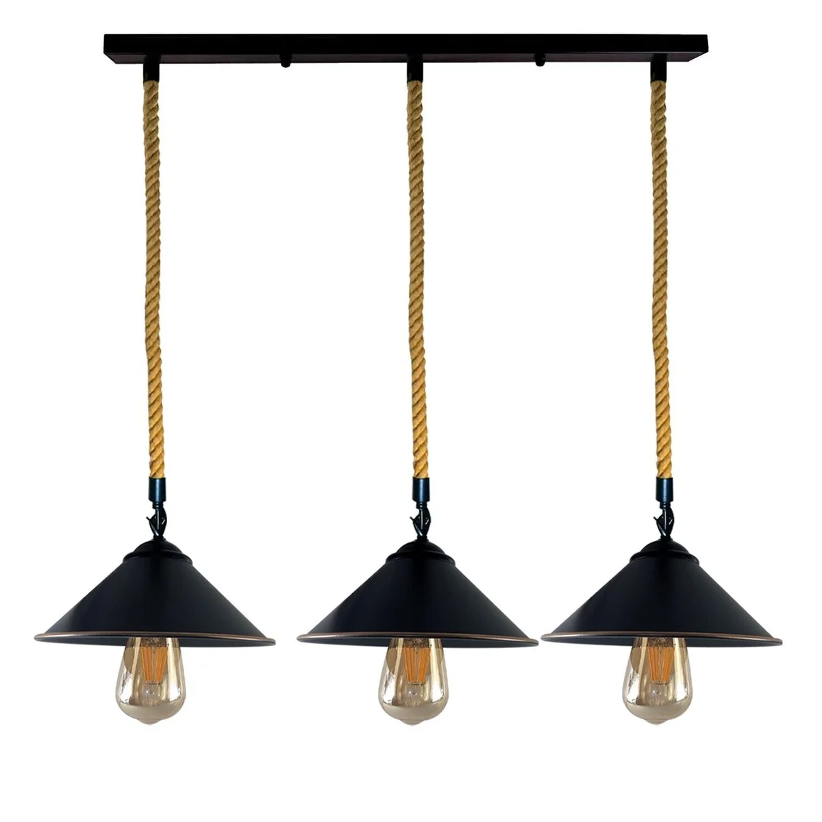 3 head pendant lamp with cone-shaped hemp lampshade, black metal base, rustic vintage style.