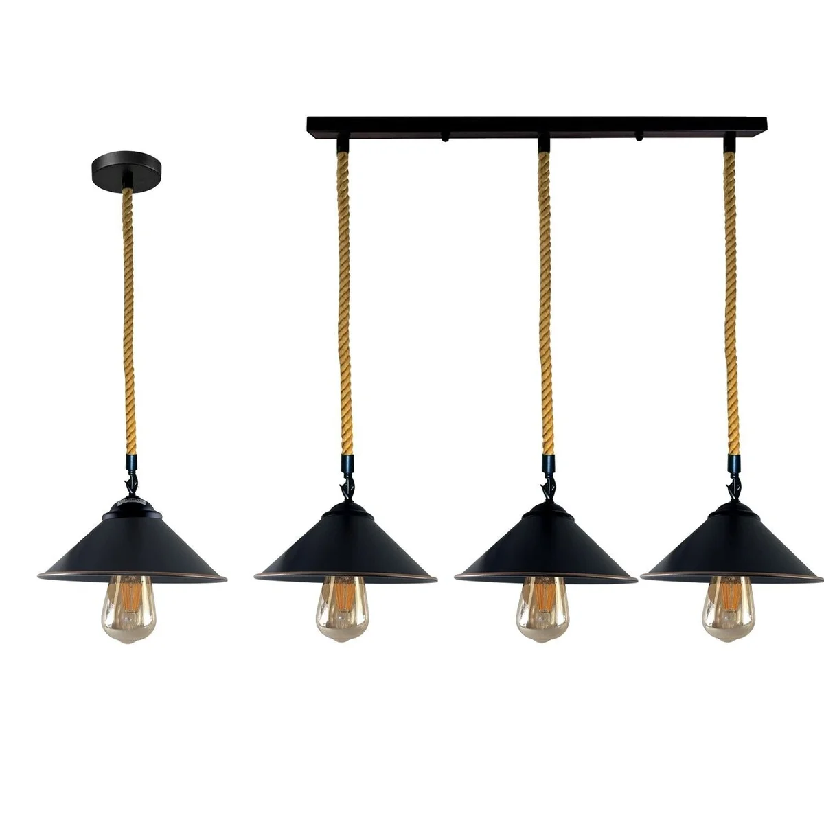 Dimmable ceiling light featuring three hemp rope cone lampshades in rustic vintage style.