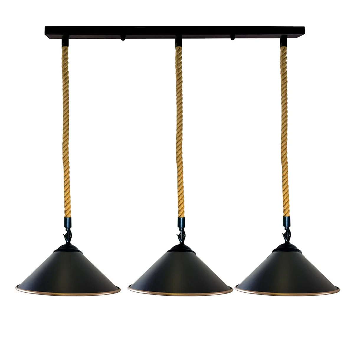 Hemp rope pendant light with cone-shaped hemp shade, black metal frame, 3‑head style hanging from ceiling