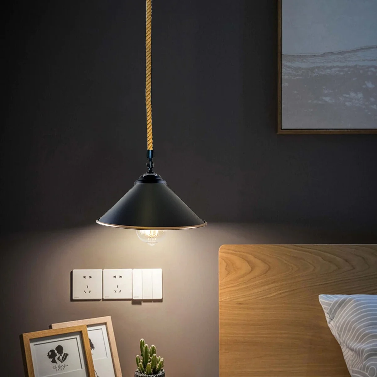 Retro pendant light with hemp cone shade, black metal base, single rope cable, ceiling rose shown.