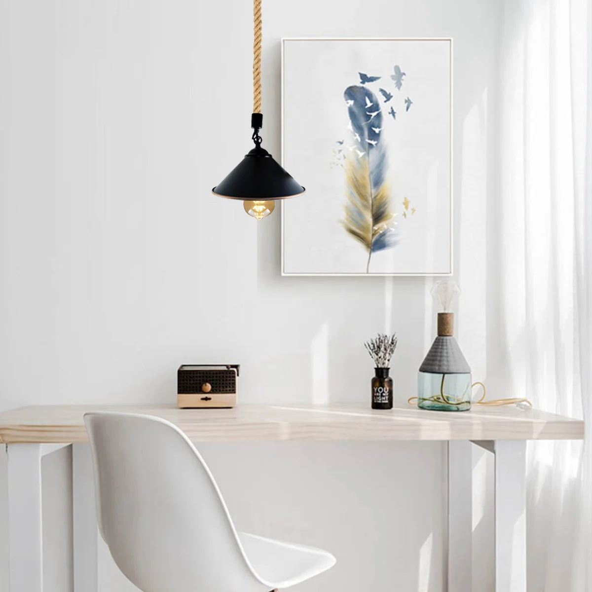 Conical hemp rope pendant light in natural hemp colour with black hardware, vintage industrial style, 1m single rope