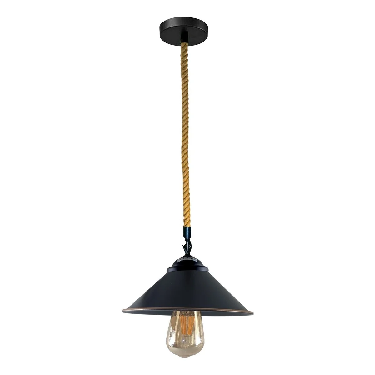 Black hemp cone pendant lamp with single rope, vintage industrial lamp in rustic home décor